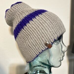 Hand-Knit Gray and Purple Beanie